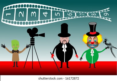 Abstract colored image with magician and clown in front of a camera filming for a movie