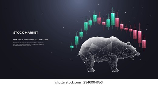 Abstract colored Japanese candlesticks and digital bear. Stock market exchange or financial technology concept. Low poly wireframe vector illustration. Polygonal bear with futuristic elements.