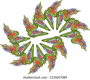 Abstract colored leaf or frame with snake elements on a white backdrop. Colorful grunge leaf with an unusual pattern in green-red-blue tonality for wallpaper, fashion, fabric, textiles, holidays, etc.