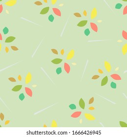 Hojas abstractas coloreadas sobre un fondo verde claro.Patrón sin problemas. Ornamento, niños, gentil, naturaleza. Gráficos planos vectoriales