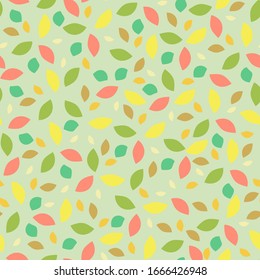 Hojas abstractas coloreadas sobre un fondo verde claro.Patrón sin problemas. Ornamento, niños, gentil, naturaleza. Gráficos planos vectoriales