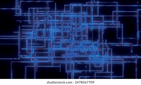 Abstractas líneas de colores sobre un fondo oscuro. Creciente red de transporte público. Diagrama colorido del metro, mapa del transporte ferroviario en un fondo oscuro. Diagrama de canalización. Ilustración vectorial