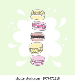 Macarons de color abstracto sobre un fondo verde claro con un punto blanco. Bollería dulce y postre franceses. Ilustración vectorial para panadería, tienda de dulces, pastelería, confitería, embalaje, envoltura