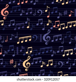 Abstract Colored Music Seamless Pattern with notes and clef. Vector Background