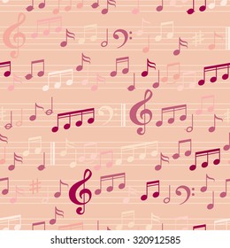 Abstract Colored Music Seamless Pattern with notes and clef. Vector Background