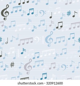 Abstract Colored Music Seamless Pattern with notes and clef. Vector Background