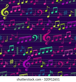 Abstract Colored Music Seamless Pattern with notes and clef. Vector Background