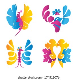 Abstract colored parrots - signs and symbols of birds - stock vector