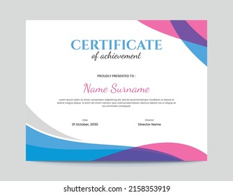 Diseño de certificados de ondas rosa, púrpura y azul en color abstracto