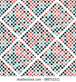 Abstract colored polka dots. Square tile from circles in diagonal order. Seamless vector pattern. Bright decorative background for greeting cards and cover art. Repeating retro design.