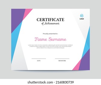 Abstract Colored Purple, Pink, Grey and Blue Shapes Certificate Design