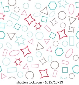 Abstract colored seamless background of circles, squares, triangles, stars and rectangles. Multicolored geometric elements are randomly scattered. Suitable for fabric, packaging, wallpaper. Vector.
