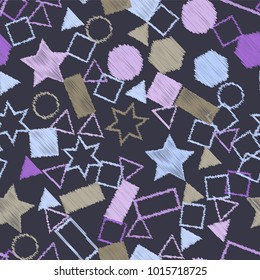 Abstract colored seamless background of circles, squares, stars and rectangles. Multicolored doodles in the form of geometric elements are randomly scattered. Suitable for fabric, packaging, wallpaper