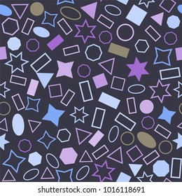 Abstract colored seamless background of circles, squares, triangles, stars and rectangles. Multicolored geometric elements are randomly scattered. Suitable for fabric, packaging, wallpaper. Vector.