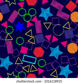 Abstract colored seamless background of circles, squares, stars and rectangles. Multicolored doodles in the form of geometric elements are randomly scattered. Suitable for fabric, packaging, wallpaper