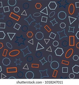 Abstract colored seamless background of circles, squares, triangles, stars and rectangles. Multicolored geometric elements are randomly scattered. Suitable for fabric, packaging, wallpaper. Vector.