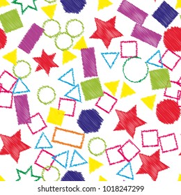 Abstract colored seamless background of circles, squares, stars and rectangles. Multicolored doodles in the form of geometric elements are randomly scattered. Suitable for fabric, packaging, wallpaper