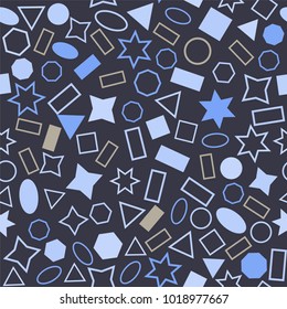 Abstract colored seamless background of circles, squares, triangles, stars and rectangles. Multicolored geometric elements are randomly scattered. Suitable for fabric, packaging, wallpaper. Vector.