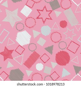 Abstract colored seamless background of circles, squares, stars and rectangles. Multicolored doodles in the form of geometric elements are randomly scattered. Suitable for fabric, packaging, wallpaper