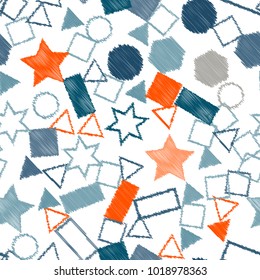 Abstract colored seamless background of circles, squares, stars and rectangles. Multicolored doodles in the form of geometric elements are randomly scattered. Suitable for fabric, packaging, wallpaper