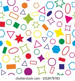 Abstract colored seamless background of circles, squares, triangles, stars and rectangles. Multicolored geometric elements are randomly scattered. Suitable for fabric, packaging, wallpaper. Vector.