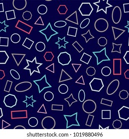 Abstract colored seamless background of circles, squares, triangles, stars and rectangles. Multicolored geometric elements are randomly scattered. Suitable for fabric, packaging, wallpaper. Vector.