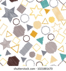 Abstract colored seamless background of circles, squares, stars and rectangles. Multicolored doodles in the form of geometric elements are randomly scattered. Suitable for fabric, packaging, wallpaper