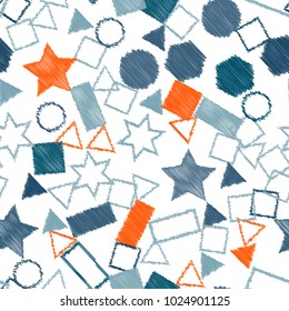 Abstract colored seamless background of circles, squares, stars and rectangles. Multicolored doodles in the form of geometric elements are randomly scattered. Suitable for fabric, packaging, wallpaper