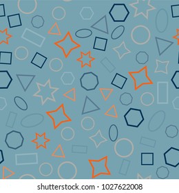 Abstract colored seamless background of circles, squares, triangles, stars and rectangles. Multicolored geometric elements are randomly scattered. Suitable for fabric, packaging, wallpaper. Vector.