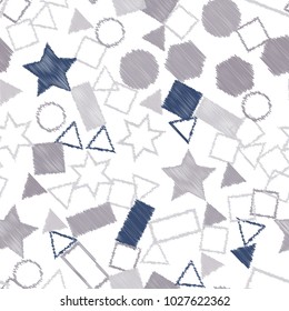 Abstract colored seamless background of circles, squares, stars and rectangles. Multicolored doodles in the form of geometric elements are randomly scattered. Suitable for fabric, packaging, wallpaper