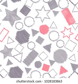 Abstract colored seamless background of circles, squares, stars and rectangles. Multicolored doodles in the form of geometric elements are randomly scattered. Suitable for fabric, packaging, wallpaper