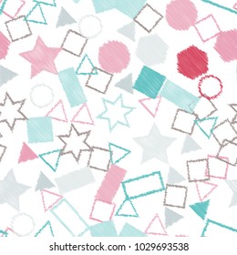 Abstract colored seamless background of circles, squares, stars and rectangles. Multicolored doodles in the form of geometric elements are randomly scattered. Suitable for fabric, packaging, wallpaper