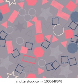 Abstract colored seamless background of circles, squares, stars and rectangles. Multicolored doodles in the form of geometric elements are randomly scattered. Suitable for fabric, packaging, wallpaper