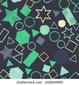 Abstract colored seamless background of circles, squares, stars and rectangles. Multicolored doodles in the form of geometric elements are randomly scattered. Suitable for fabric, packaging, wallpaper