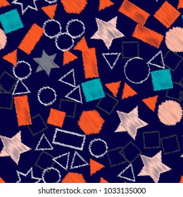 Abstract colored seamless background of circles, squares, stars and rectangles. Multicolored doodles in the form of geometric elements are randomly scattered. Suitable for fabric, packaging, wallpaper