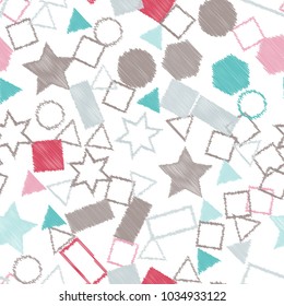 Abstract colored seamless background of circles, squares, stars and rectangles. Multicolored doodles in the form of geometric elements are randomly scattered. Suitable for fabric, packaging, wallpaper