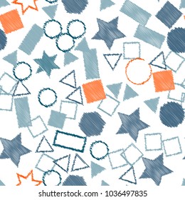 Abstract colored seamless background of circles, squares, stars and rectangles. Multicolored doodles in the form of geometric elements are randomly scattered. Suitable for fabric, packaging, wallpaper