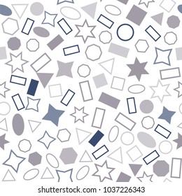Abstract colored seamless background of circles, squares, triangles, stars and rectangles. Multicolored geometric elements are randomly scattered. Suitable for fabric, packaging, wallpaper. Vector.