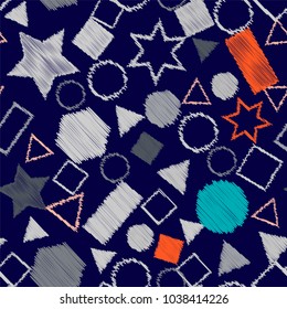 Abstract colored seamless background of circles, squares, stars and rectangles. Multicolored doodles in the form of geometric elements are randomly scattered. Suitable for fabric, packaging, wallpaper