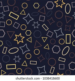 Abstract colored seamless background of circles, squares, triangles, stars and rectangles. Multicolored geometric elements are randomly scattered. Suitable for fabric, packaging, wallpaper. Vector.