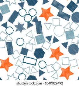 Abstract colored seamless background of circles, squares, stars and rectangles. Multicolored doodles in the form of geometric elements are randomly scattered. Suitable for fabric, packaging, wallpaper