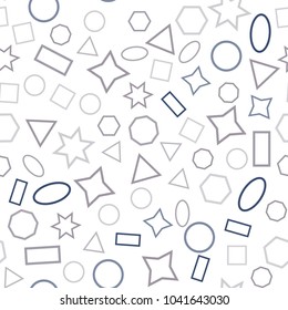 Abstract colored seamless background of circles, squares, triangles, stars and rectangles. Multicolored geometric elements are randomly scattered. Suitable for fabric, packaging, wallpaper. Vector.