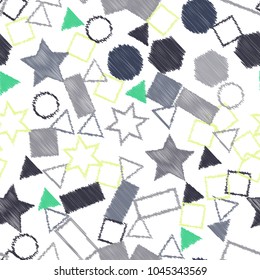 Abstract colored seamless background of circles, squares, stars and rectangles. Multicolored doodles in the form of geometric elements are randomly scattered. Suitable for fabric, packaging, wallpaper