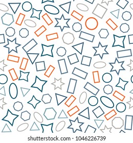 Abstract colored seamless background of circles, squares, triangles, stars and rectangles. Multicolored geometric elements are randomly scattered. Suitable for fabric, packaging, wallpaper. Vector.