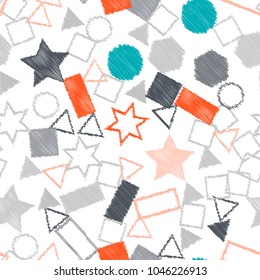 Abstract colored seamless background of circles, squares, stars and rectangles. Multicolored doodles in the form of geometric elements are randomly scattered. Suitable for fabric, packaging, wallpaper