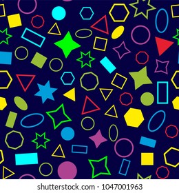 Abstract colored seamless background of circles, squares, triangles, stars and rectangles. Multicolored geometric elements are randomly scattered. Suitable for fabric, packaging, wallpaper. Vector.