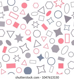 Abstract colored seamless background of circles, squares, triangles, stars and rectangles. Multicolored geometric elements are randomly scattered. Suitable for fabric, packaging, wallpaper. Vector.