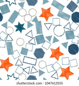Abstract colored seamless background of circles, squares, stars and rectangles. Multicolored doodles in the form of geometric elements are randomly scattered. Suitable for fabric, packaging, wallpaper