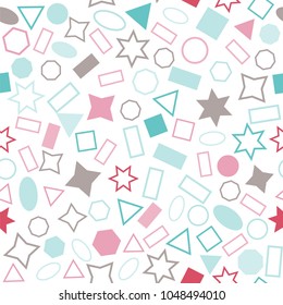 Abstract colored seamless background of circles, squares, triangles, stars and rectangles. Multicolored geometric elements are randomly scattered. Suitable for fabric, packaging, wallpaper. Vector.
