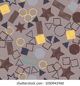Abstract colored seamless background of circles, squares, stars and rectangles. Multicolored doodles in the form of geometric elements are randomly scattered. Suitable for fabric, packaging, wallpaper